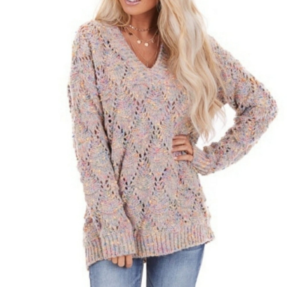 Oversized Open Knit Popcorn Sweater in Pebble - Picture 3 of 3